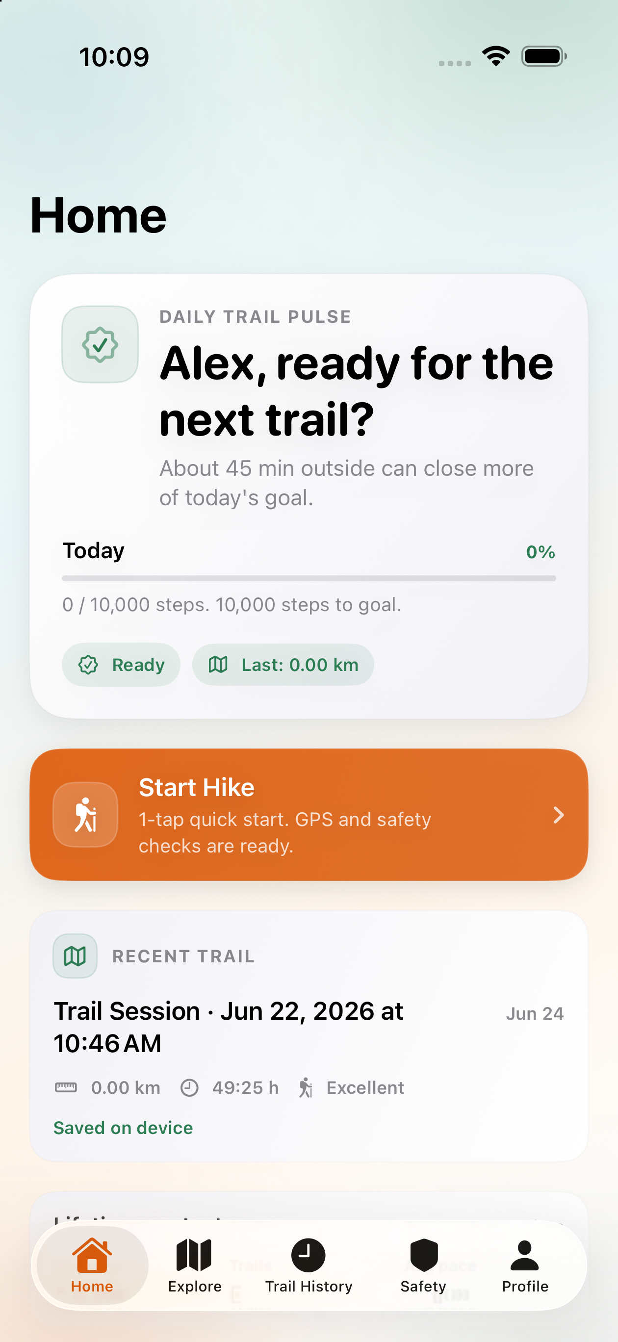 Home screen with daily trail pulse, readiness state, and start hike action