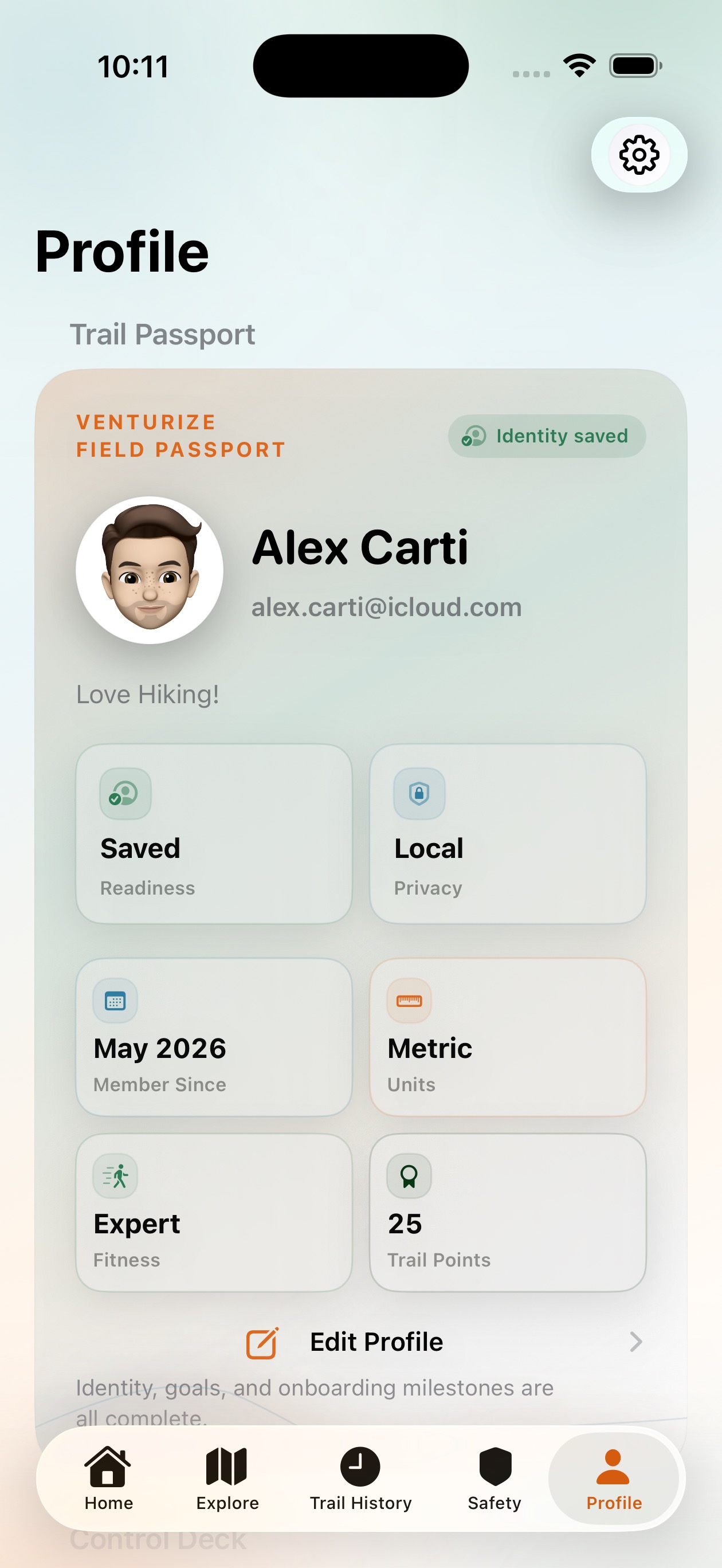 Trail passport profile with member stats and trail points