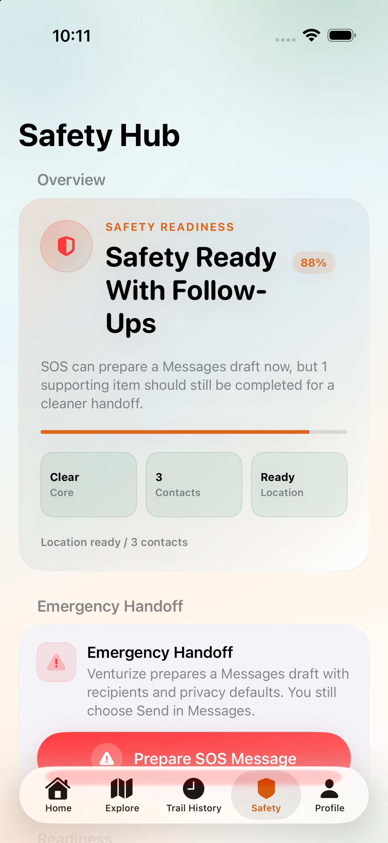 Safety Hub with readiness score and emergency handoff